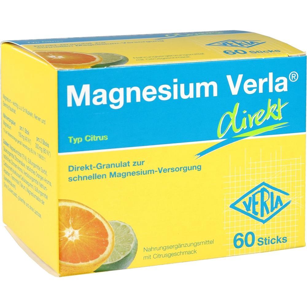 Gelbe Verpackung von Magnesium Verla Direkt mit Citrusgeschmack und 60 Sticks.