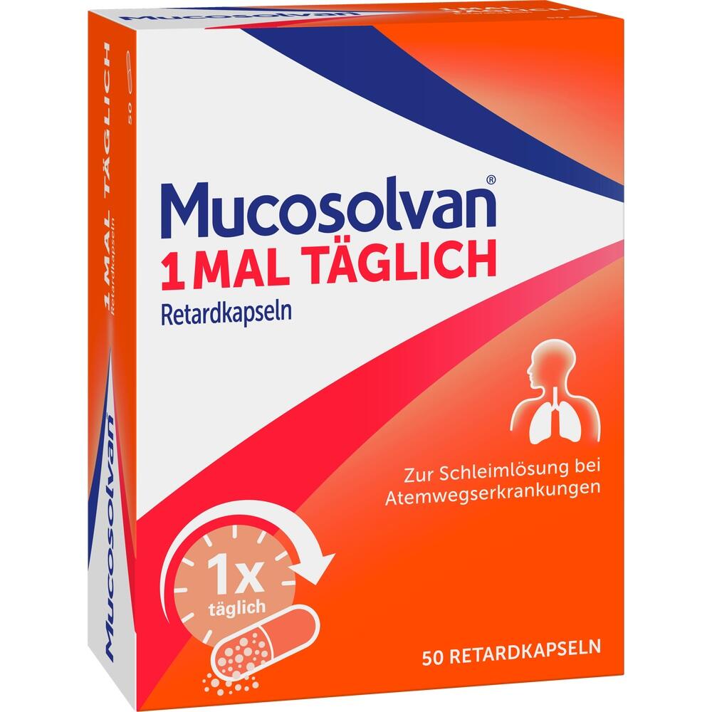 Orange Verpackung von Mucosolvan Retardkapseln gegen Atemwegserkrankungen.