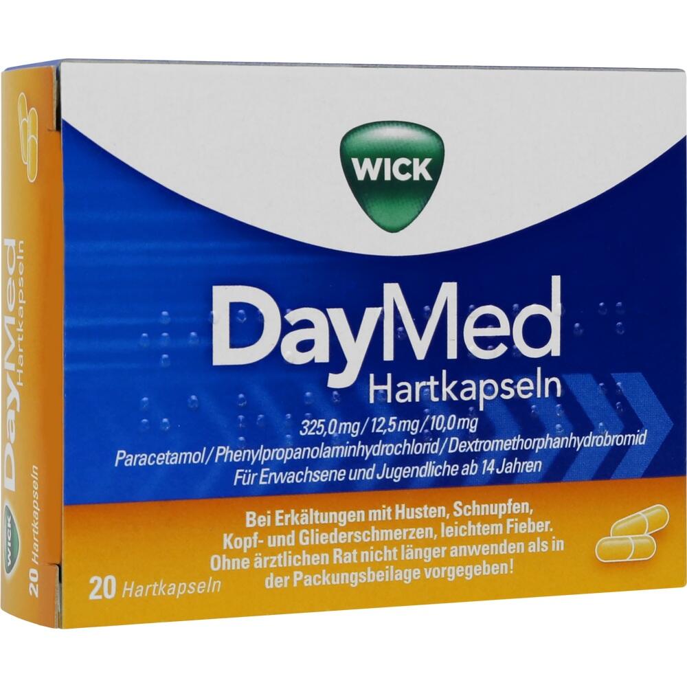 Packung von Erkältungskapseln mit dem Namen "DayMed" gegen Erkältungsbeschwerden.