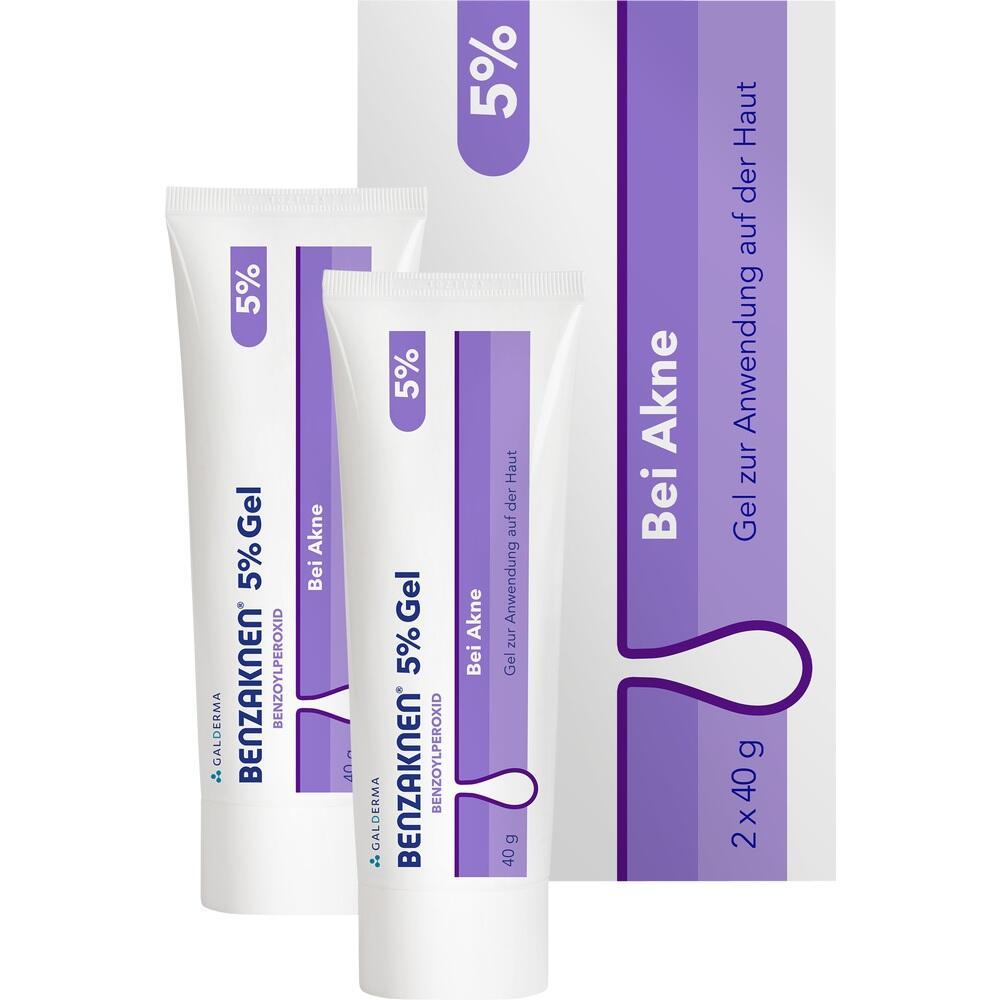 Zwei Tuben Akne-Gel mit 5% Benzoylperoxid in lila-weißer Verpackung.