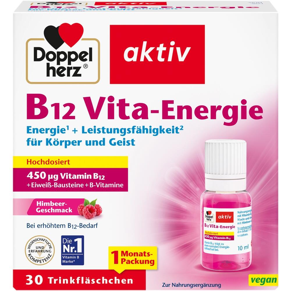 Verpackung von Vitamin B12 Vita-Energie mit Himbeergeschmack in pinker Flasche.