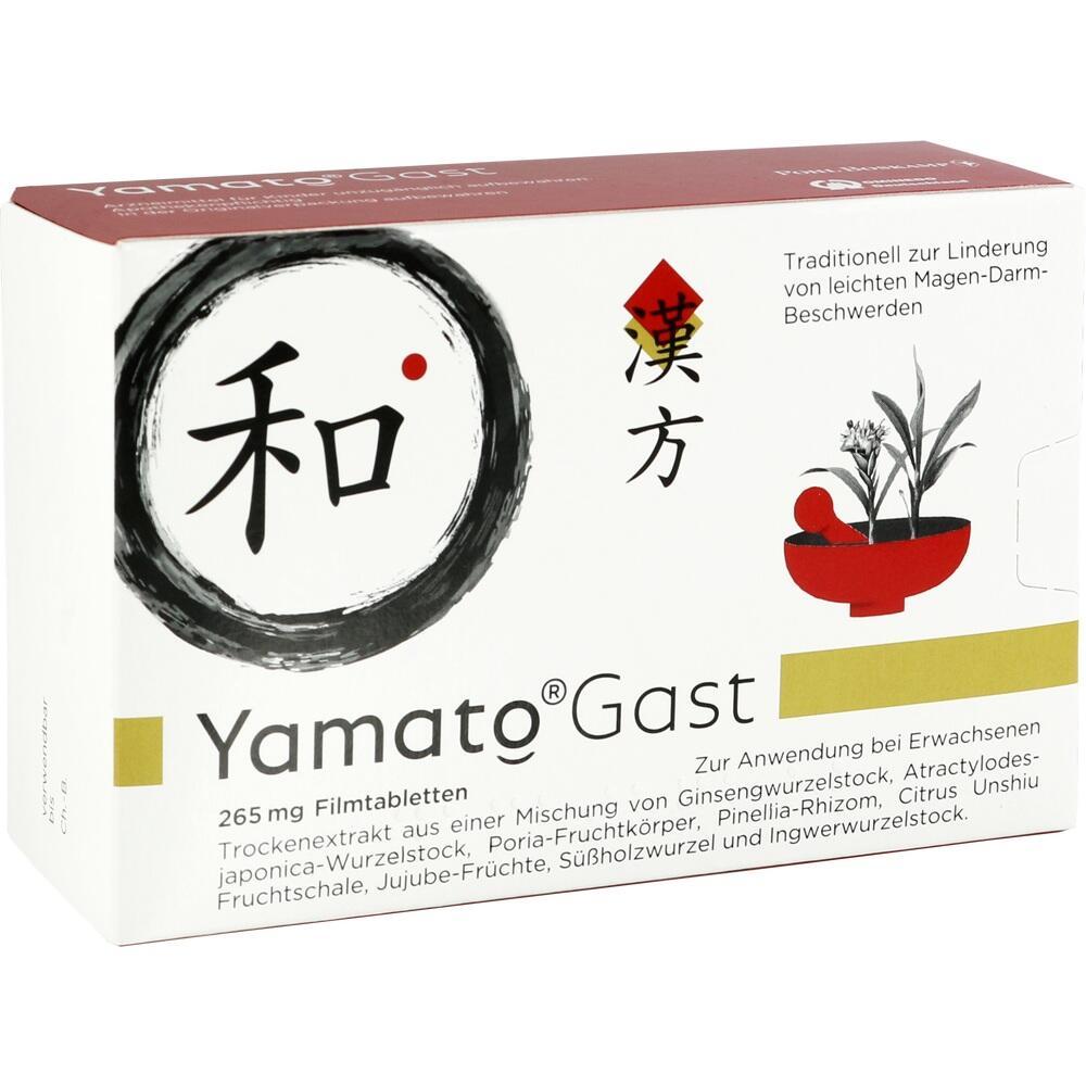 Packung von Yamato Gast Tabletten mit japanischen Schriftzeichen und Pflanzengrafik.