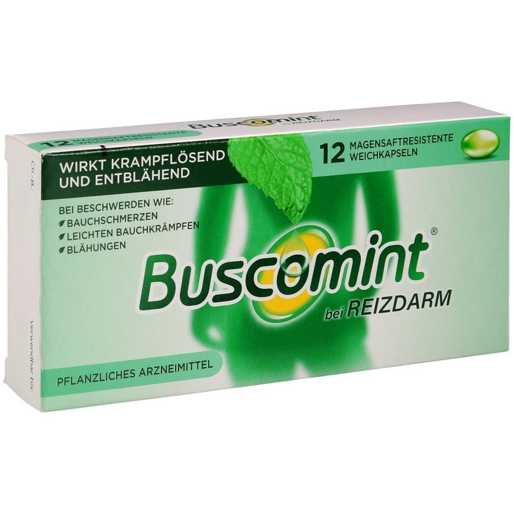 Grüne Medikamentenverpackung "Buscomint" gegen Reizdarm und Bauchschmerzen.