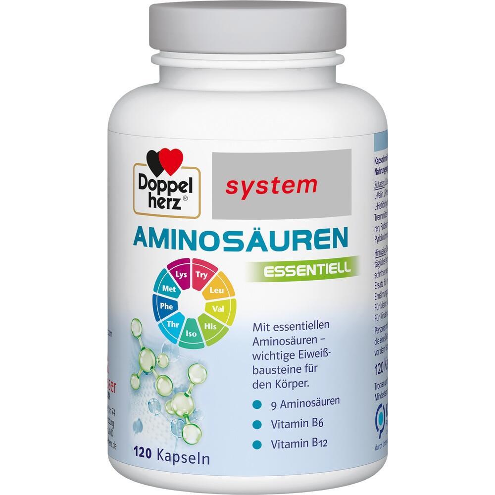 Ein wei&szlig;es Dosenbeh&auml;lter mit der Aufschrift "Aminos&auml;uren" von Doppelherz.