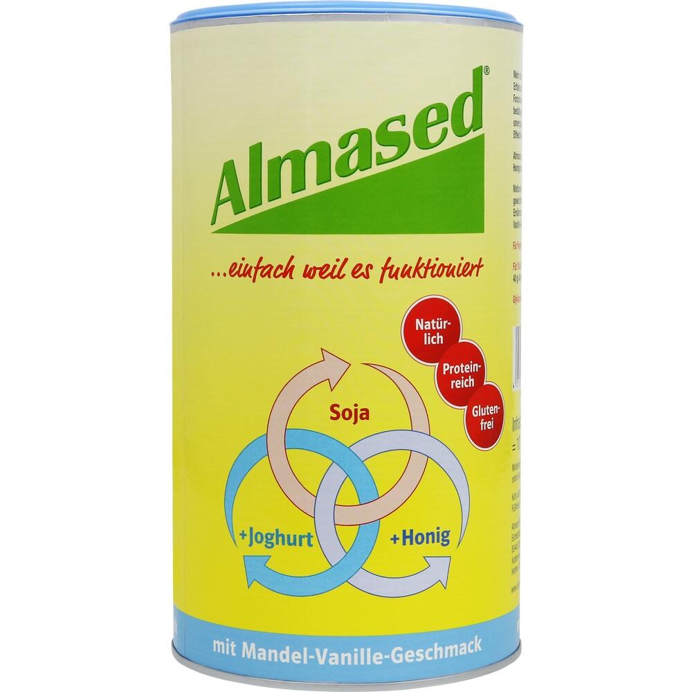 Gelbe Almased-Dose mit Soja, Joghurt und Honig, Mandel-Vanille-Geschmack.