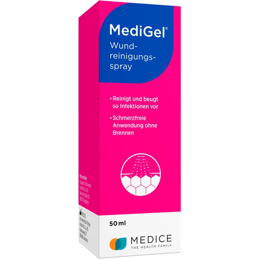 Rosa Verpackung von MediGel Wundreinigungsspray mit weißem und blauem Text.