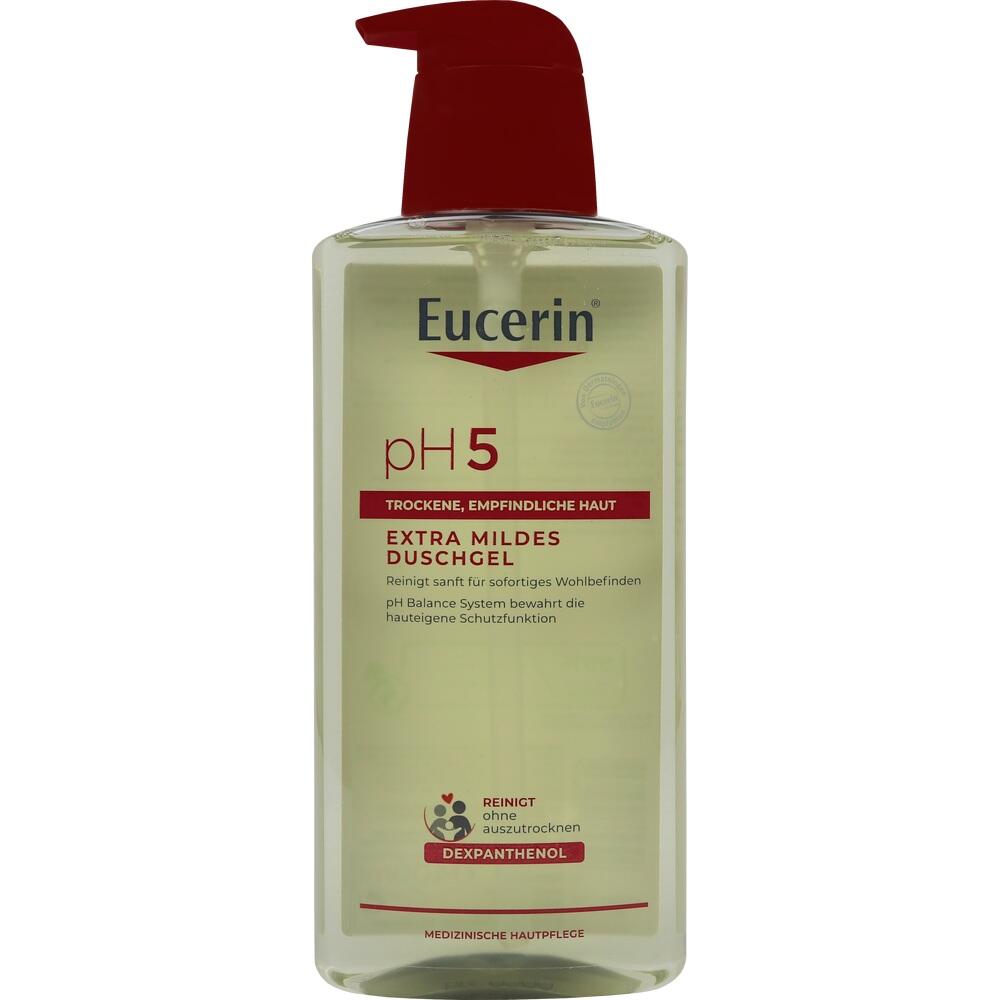 Eine Flasche Eucerin Duschgel für sensible und trockene Haut mit rotem Spender.