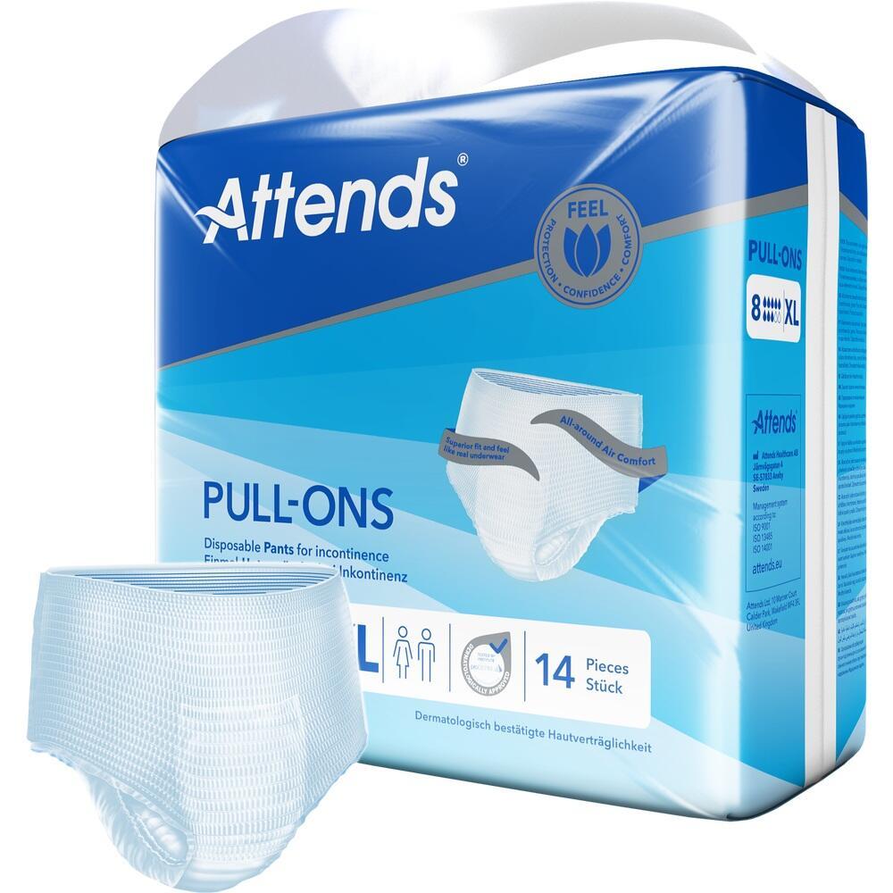 Eine Packung Inkontinenzslips der Marke Attends in Größe XL.