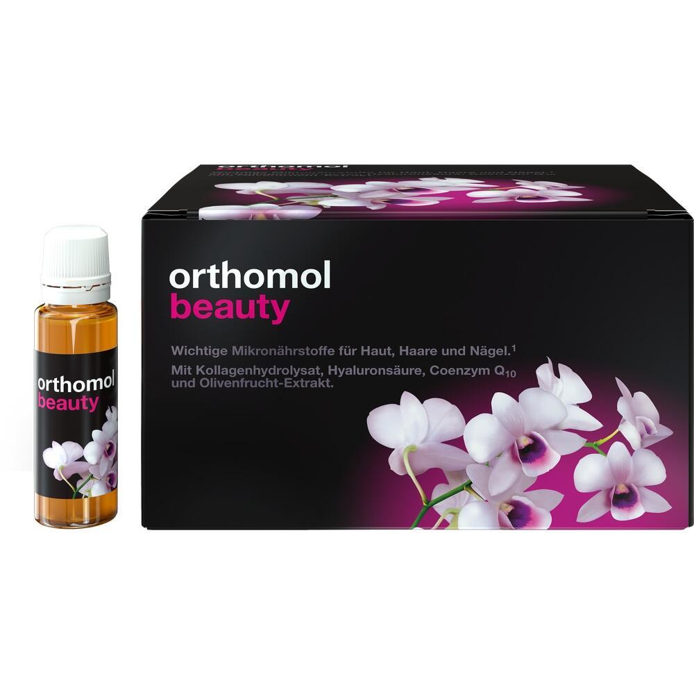 Braunes Fl&auml;schchen und schwarze Verpackung mit wei&szlig;en Blumen und dem Schriftzug "Orthomol Beauty".