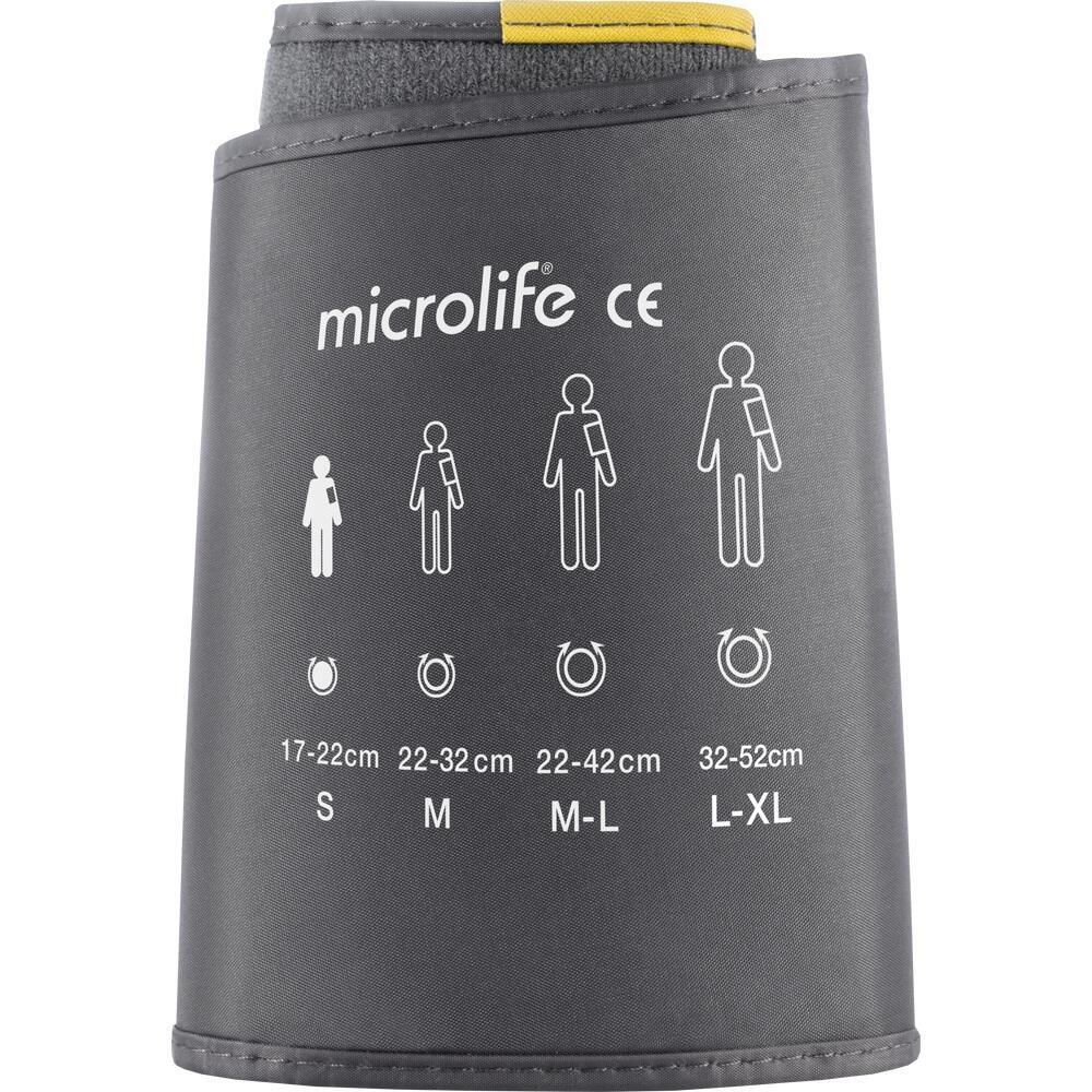 Blutdruckmanschette mit Größenangaben S, M, M-L, und L-XL für unterschiedliche Armumfänge.