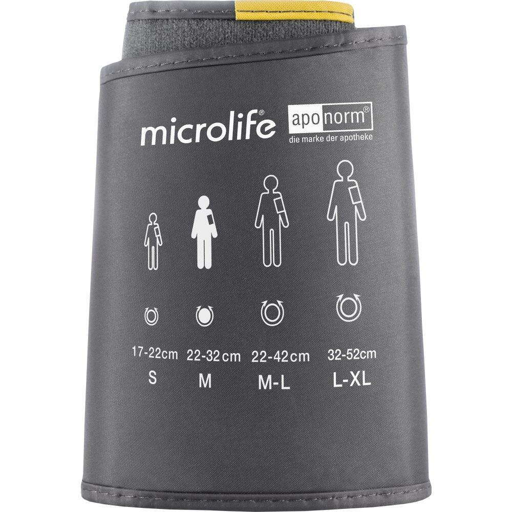 Graue Manschette mit Größentabelle und Symbolen für Blutdruckmessungen.