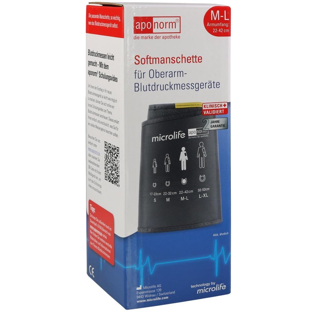 Verpackung einer Blutdruckmanschette für den Oberarm in den Größen M-L.