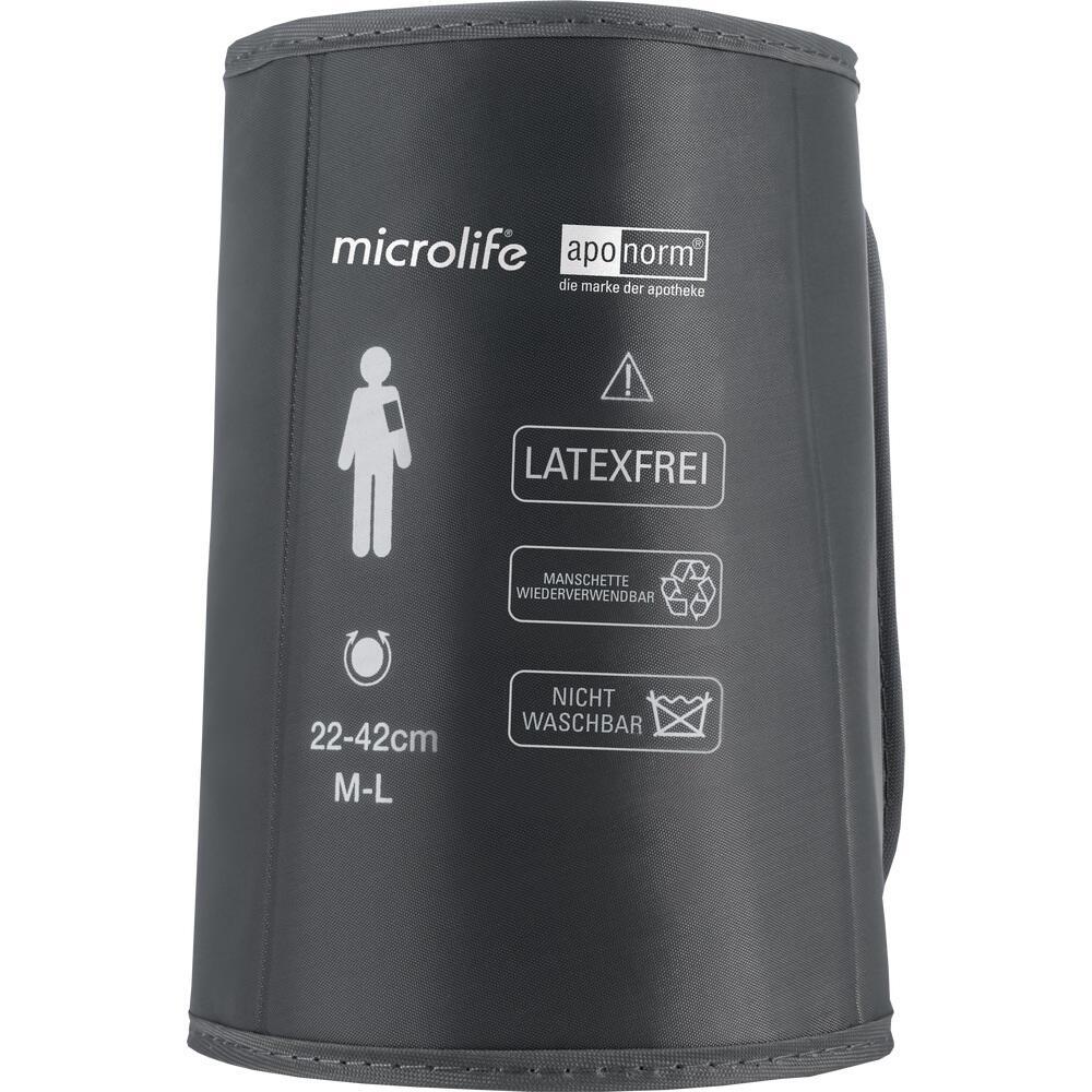 Graue Blutdruckmanschette mit Beschriftungen und Symbolen.