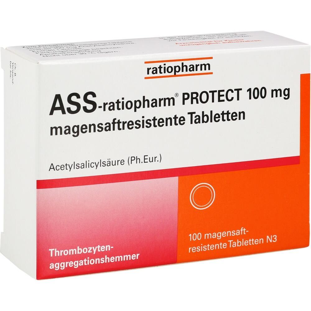 Weiße Schachtel mit Aufschrift "ASS-ratiopharm PROTECT 100 mg" in Schwarz und Rot.