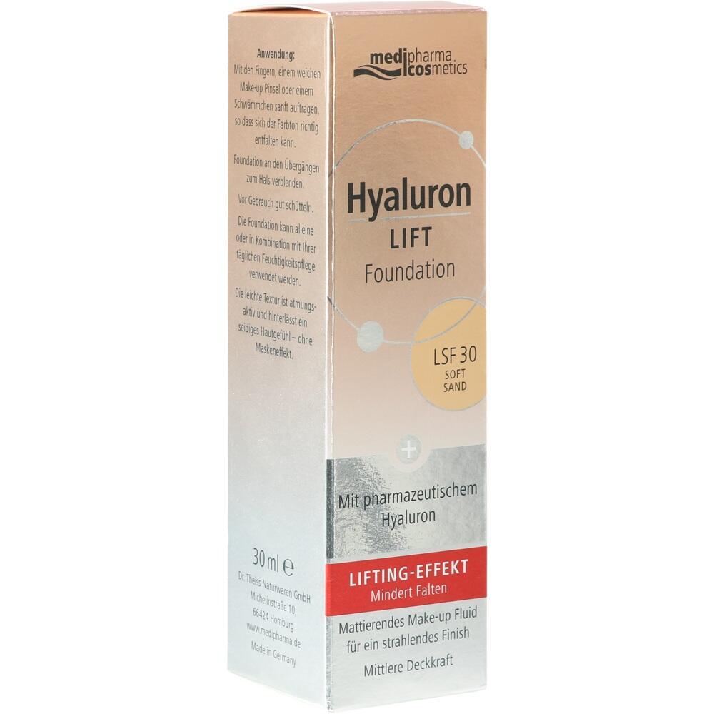 Eine Verpackung von Hyaluron Lift Foundation mit LSF 30 in der Farbe Soft Sand.