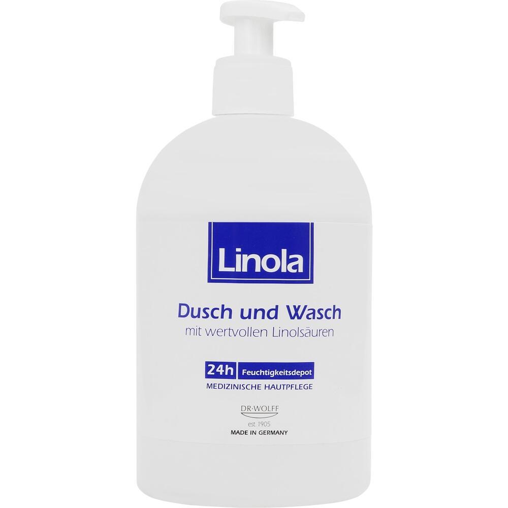 Wei&szlig;e Flasche mit Linola Dusch- und Waschgel, medizinische Hautpflege.
