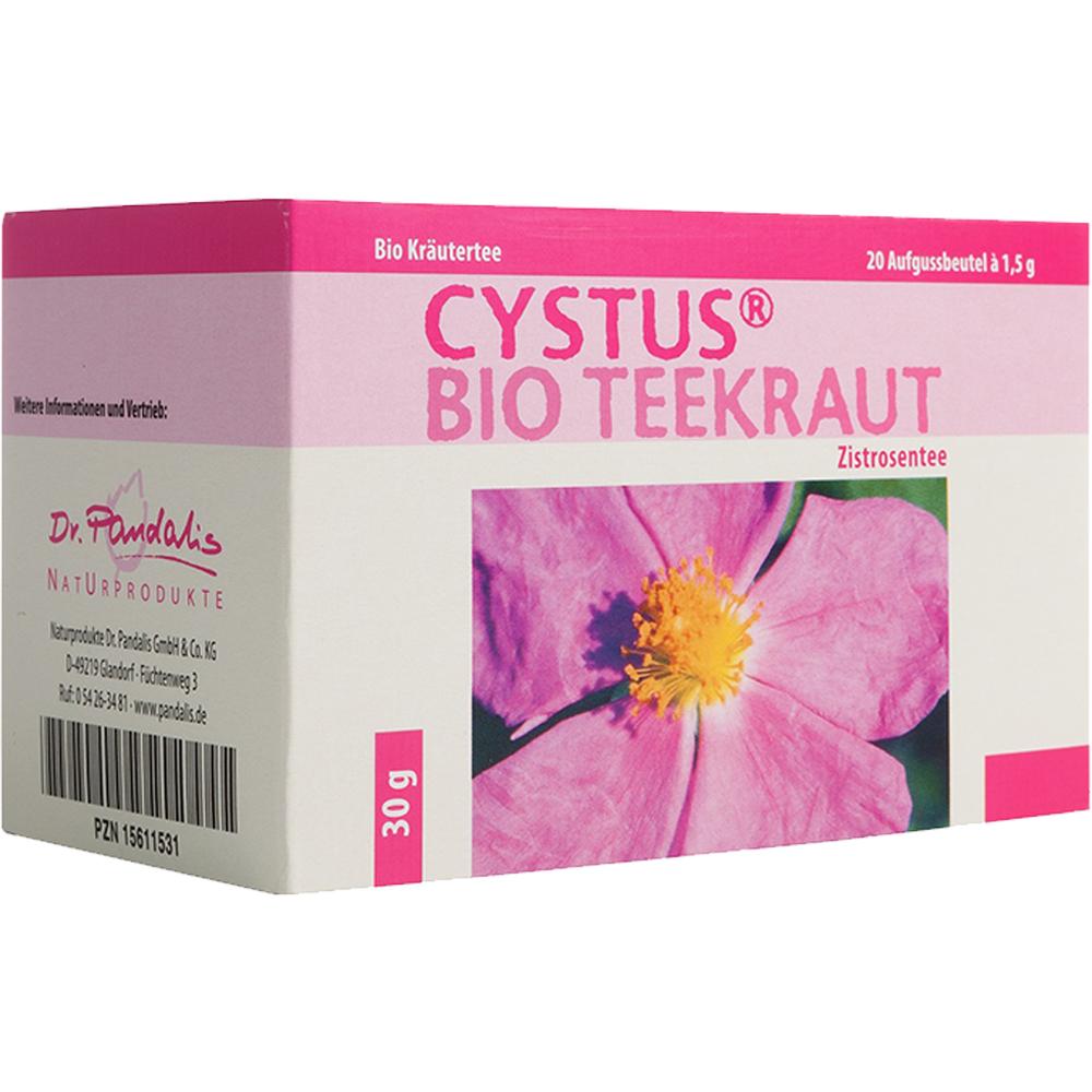 Verpackung von Cystus Bio Teekraut mit Bild einer rosa Blume.