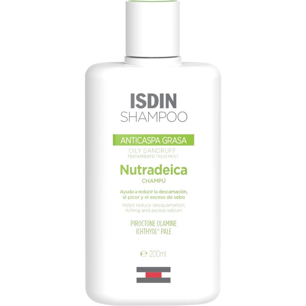 Eine wei&szlig;e Shampooflasche f&uuml;r fettige Kopfhaut mit gr&uuml;nem Text.