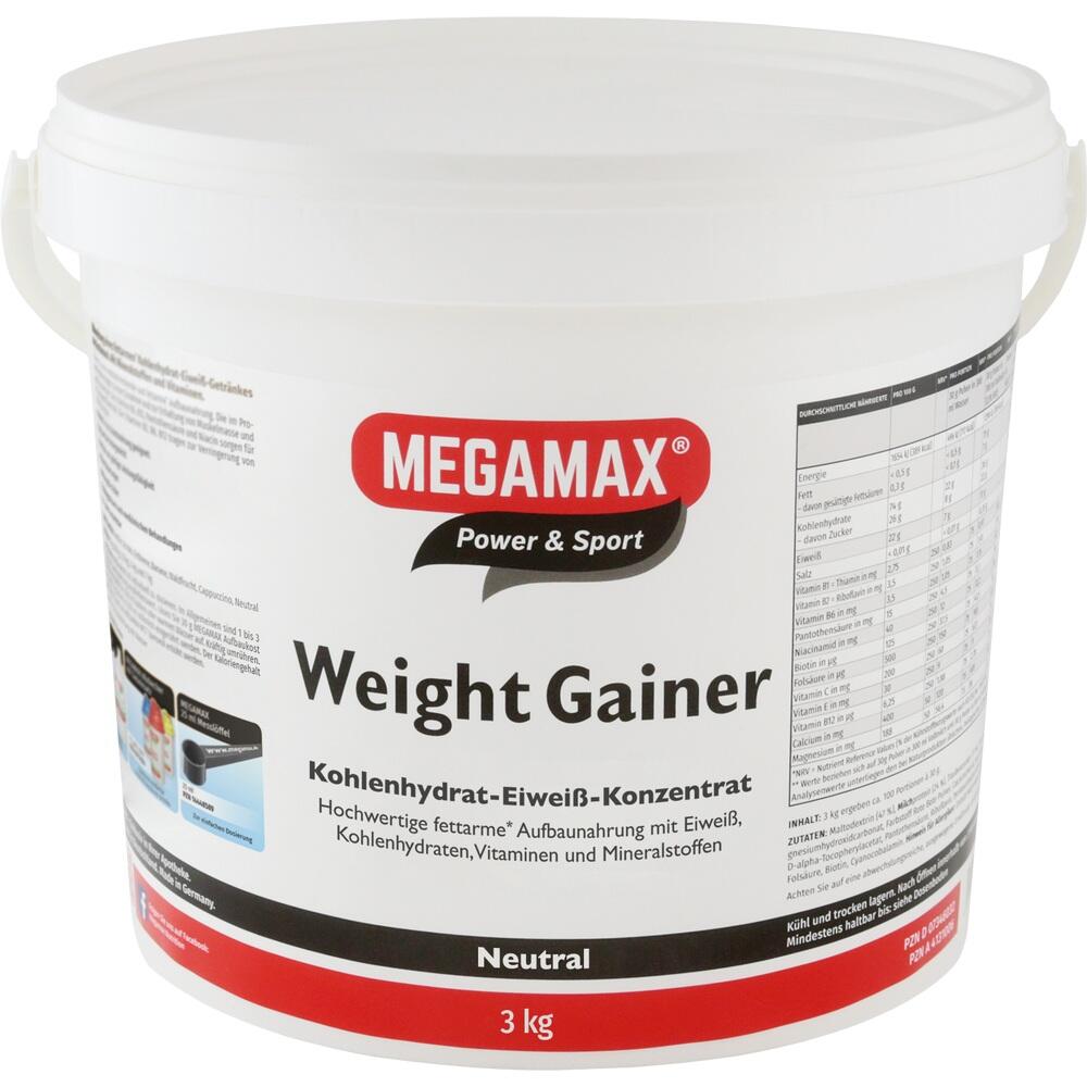 Ein weißer Eimer mit der Aufschrift "Megamax Power & Sport Weight Gainer."