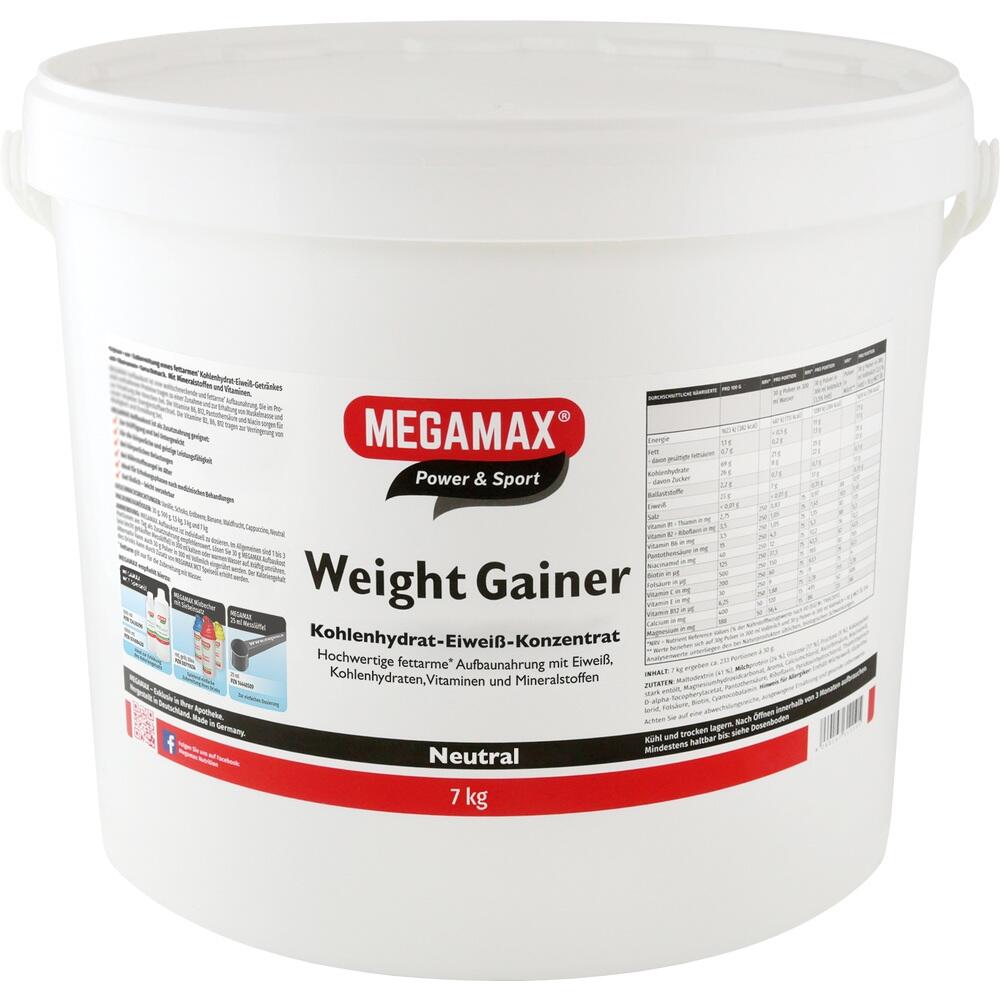 Ein weißer Eimer mit der Aufschrift "Megamax Weight Gainer" auf dem Etikett.