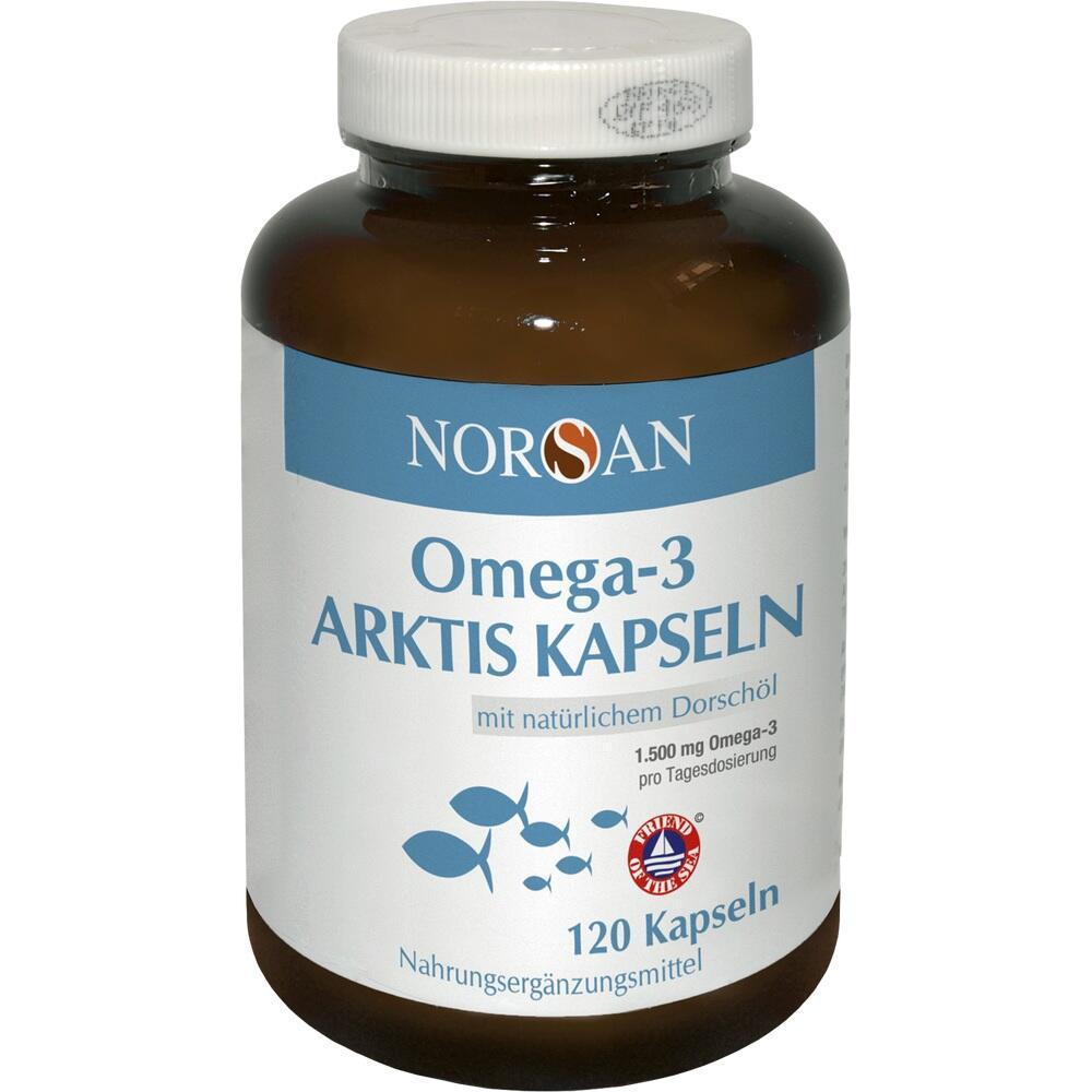 Braunes Glas mit Omega-3 Arktiskapseln von NORSAN, 120 Stück.
