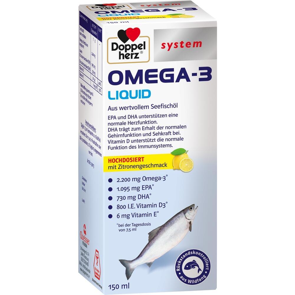 Verpackung des Omega-3-Liquids mit Zitronengeschmack und einem Bild von einem Fisch.