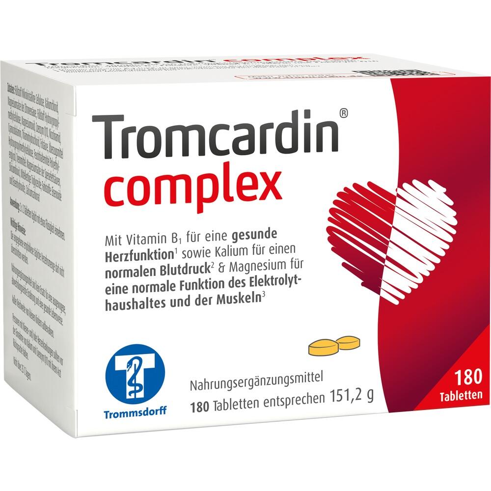 Verpackung von Tromcardin complex mit 180 Tabletten für das Herz.