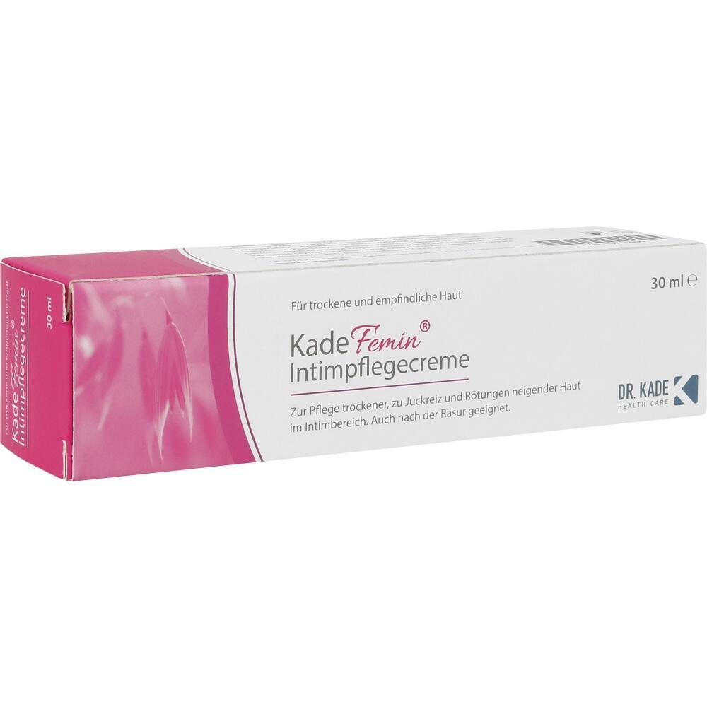 Eine rosa und weiße Schachtel mit KadeFemin Intimpflegecreme für empfindliche Haut.