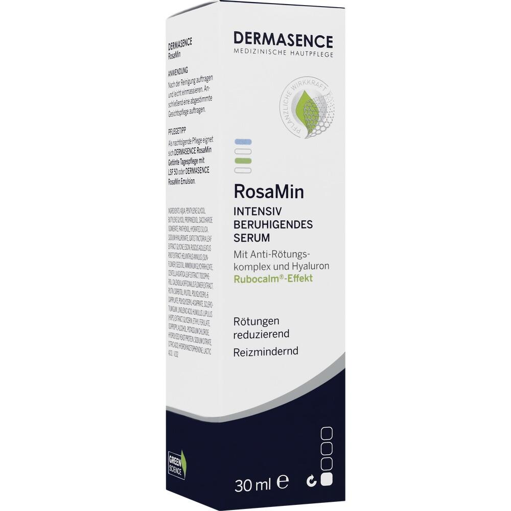 Wei&szlig;e Serumverpackung mit dem Namen "RosaMin" und Details zur Hautpflege.