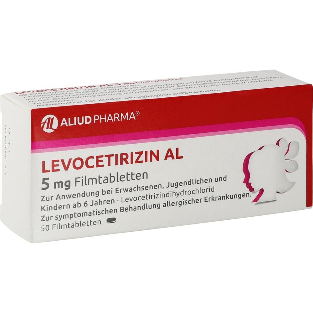 Eine Medikamentenpackung von Levocetirizin AL mit 50 Filmtabletten.