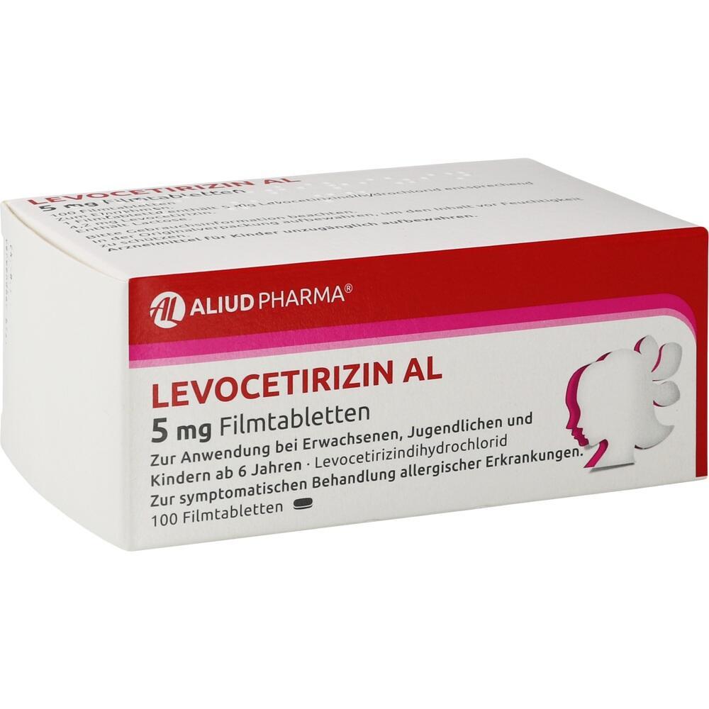 Eine Schachtel mit Levocetirizin AL 5 mg Filmtabletten gegen Allergien.
