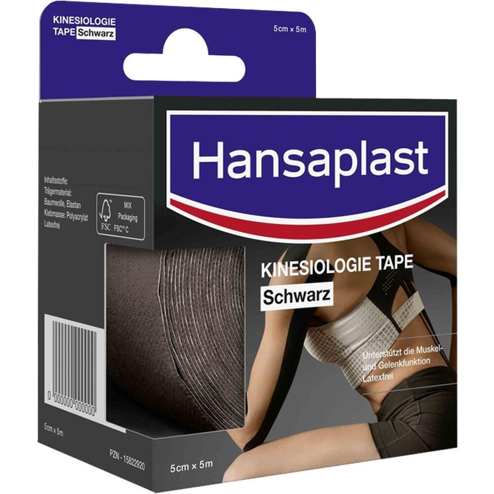 Schwarzes Kinesiologie-Tape von Hansaplast in einer Verpackung, um Muskeln zu unterst&uuml;tzen.