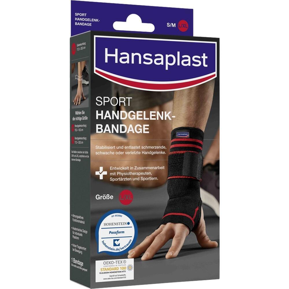Schachtel mit einer Sport-Handgelenkbandage von Hansaplast, Gr&ouml;&szlig;e S/M und L/XL.
