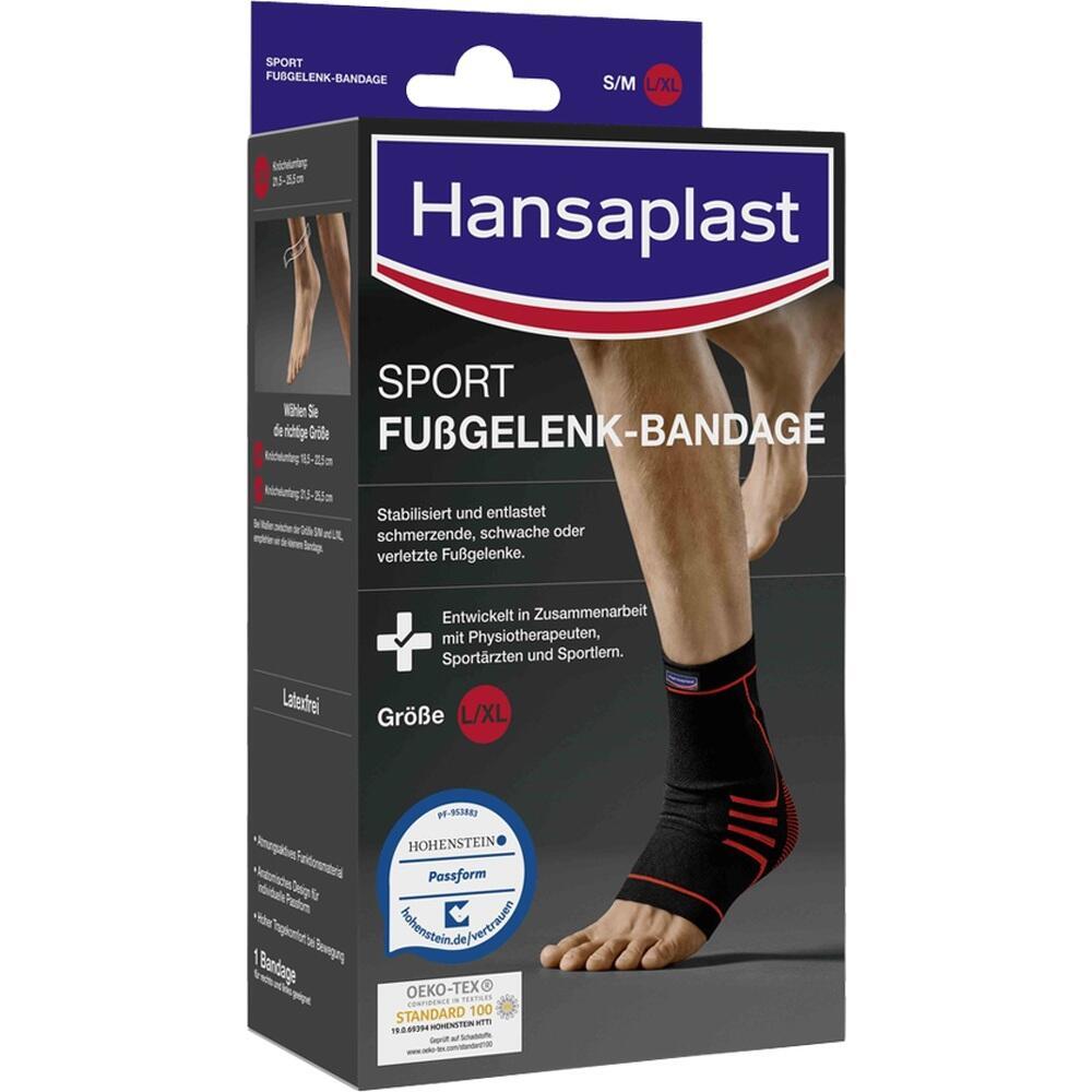 Verpackung einer Fu&szlig;gelenk-Bandage von Hansaplast mit Bild einer angelegten Bandage.