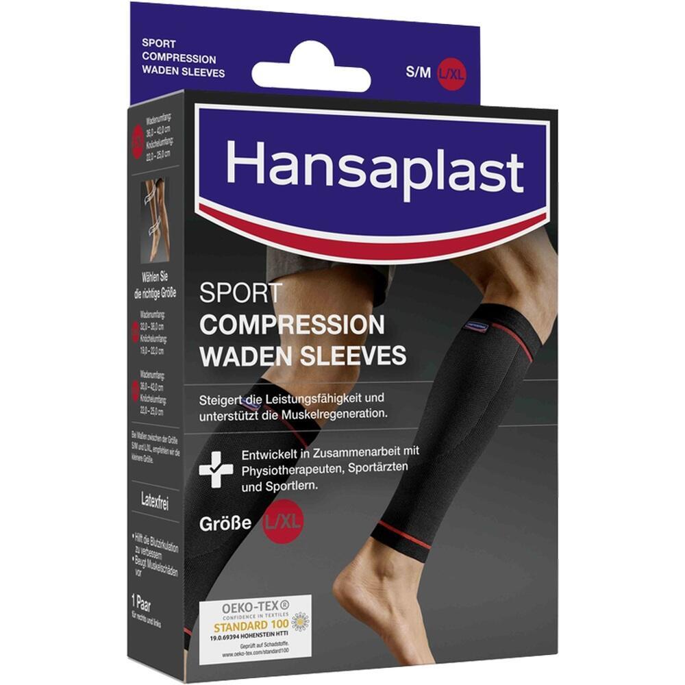Verpackung von Hansaplast Sport-Kompressions-Wadensleeves in Gr&ouml;&szlig;e L/XL.
