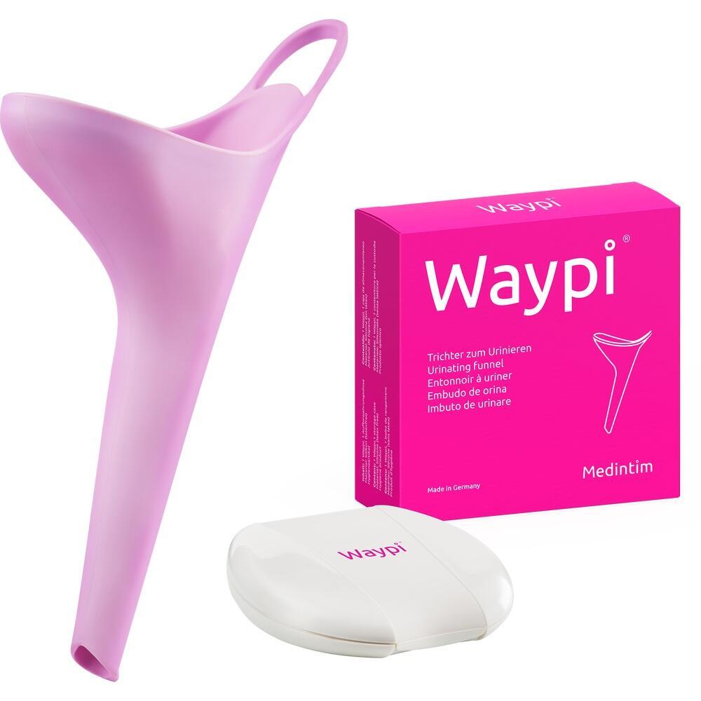 Ein pinker Urinier-Trichter mit Verpackung und Etui.