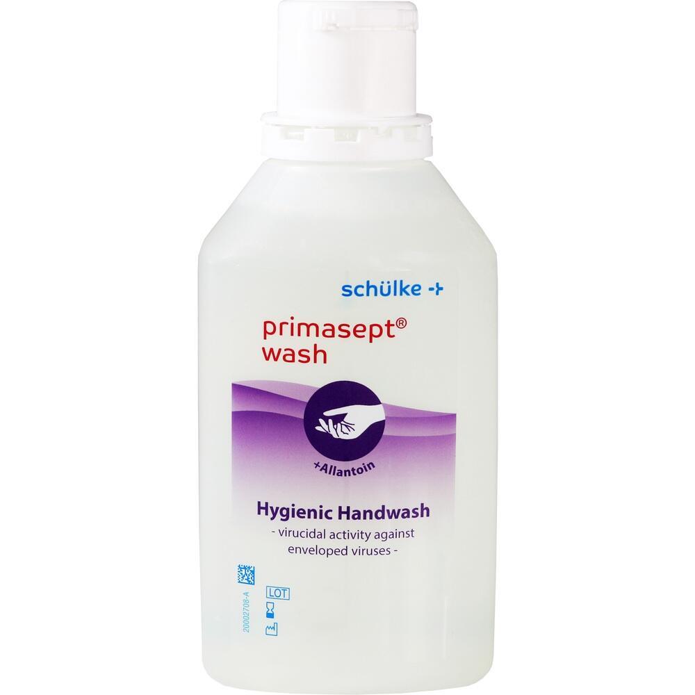 Wei&szlig;e Flasche mit lila Etikett, darauf steht "primasetp wash", eine hygienische Handseife.