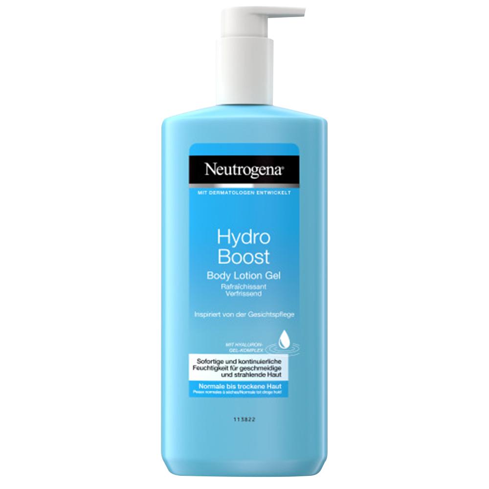Eine blaue Flasche Neutrogena Hydro Boost Body Lotion mit Pumpspender.