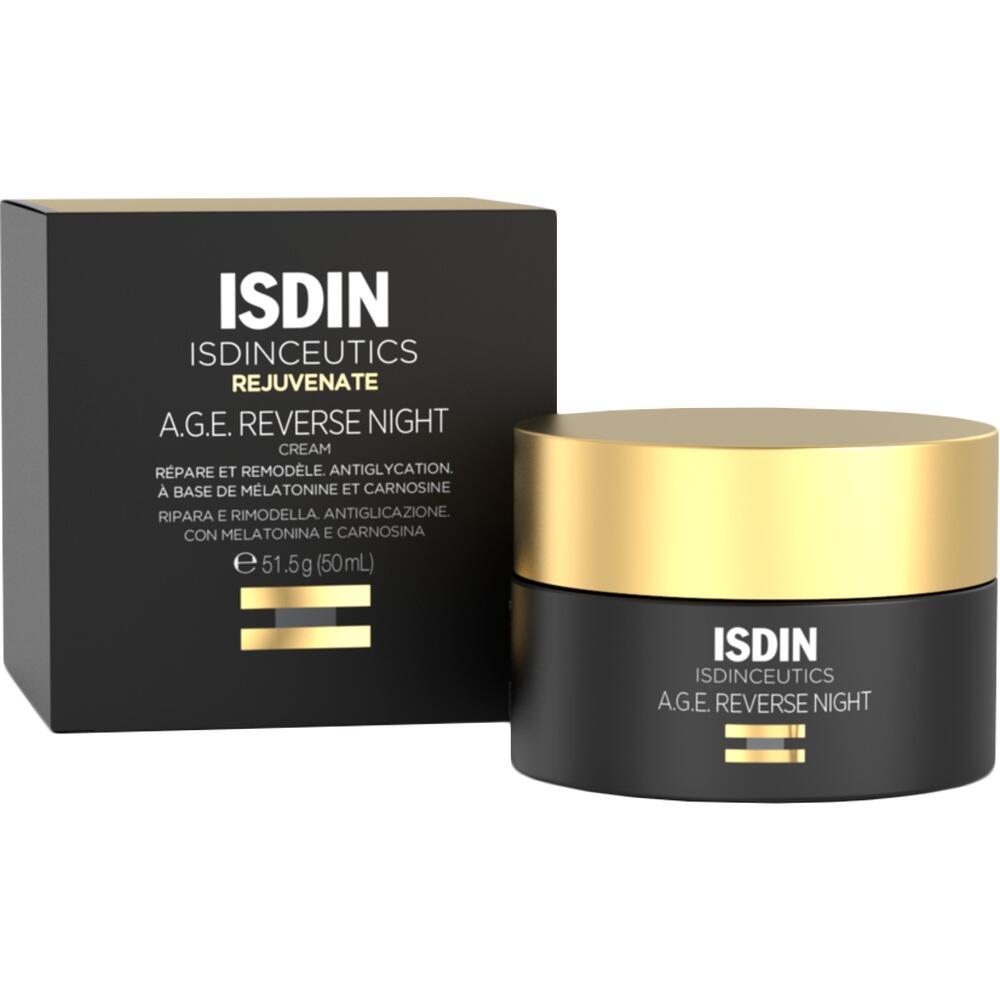 Schwarze Verpackung einer Nachtcreme mit wei&szlig;er Aufschrift von ISDIN.