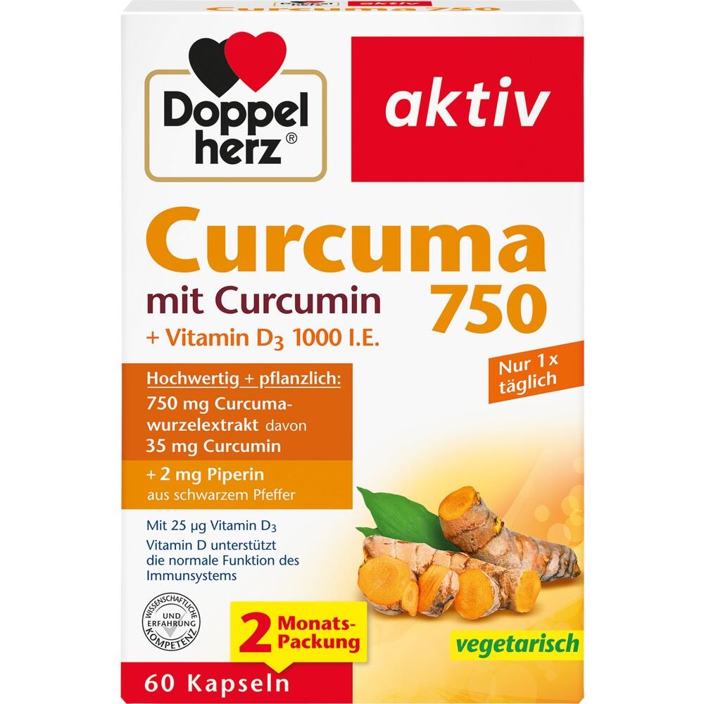 Verpackung f&uuml;r Curcuma-Kapseln mit Curcumin und Vitamin D3, 60 St&uuml;ck, vegetarisch.