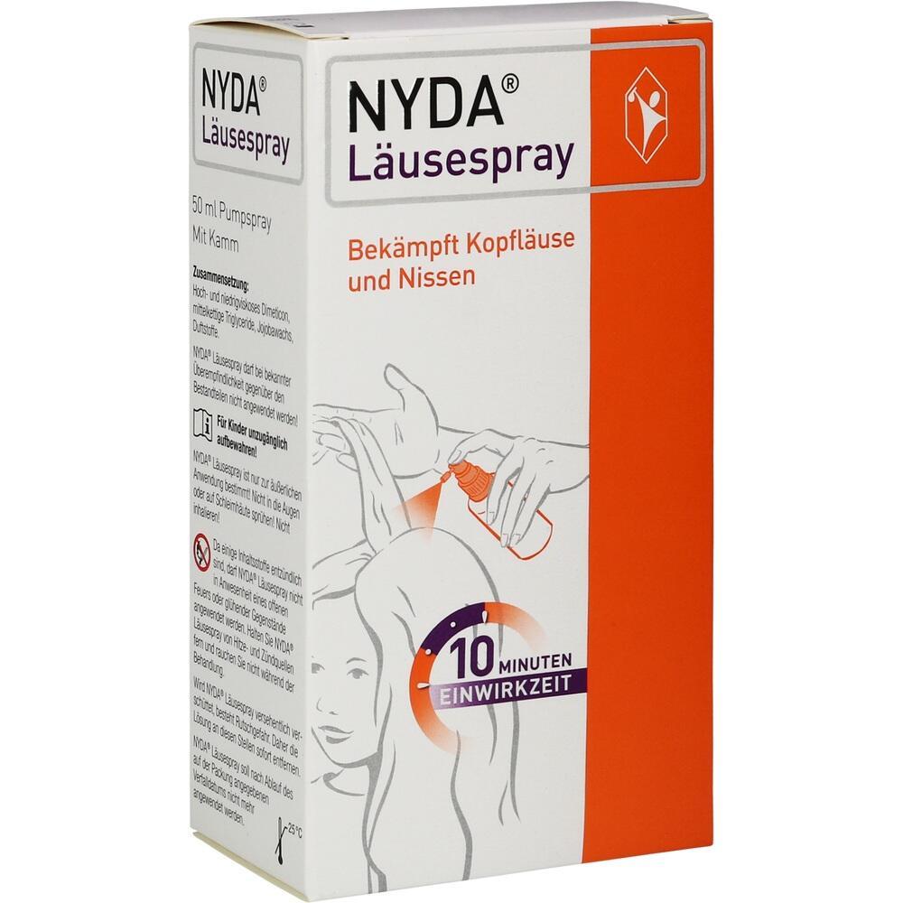 Auf der Verpackung steht "NYDA L&auml;usespray" und zeigt eine Anwendung auf dem Kopf.