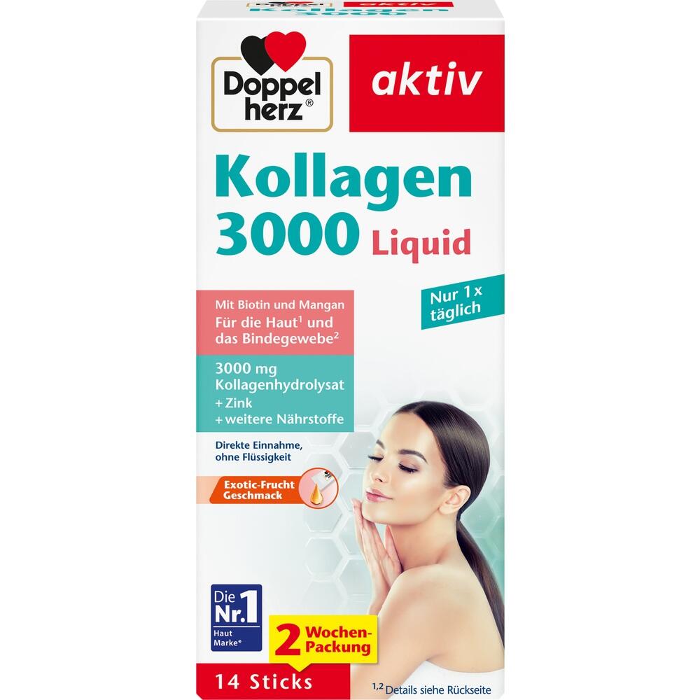 Eine Packung von Doppelherz Kollagen 3000 Liquid mit einer Frau und einem Lotusbl&uuml;tenmotiv.