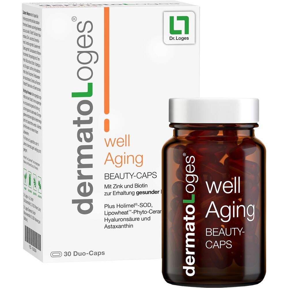 Eine Packung und ein Glas mit "well Aging Beauty-Caps" von Dr. Loges.