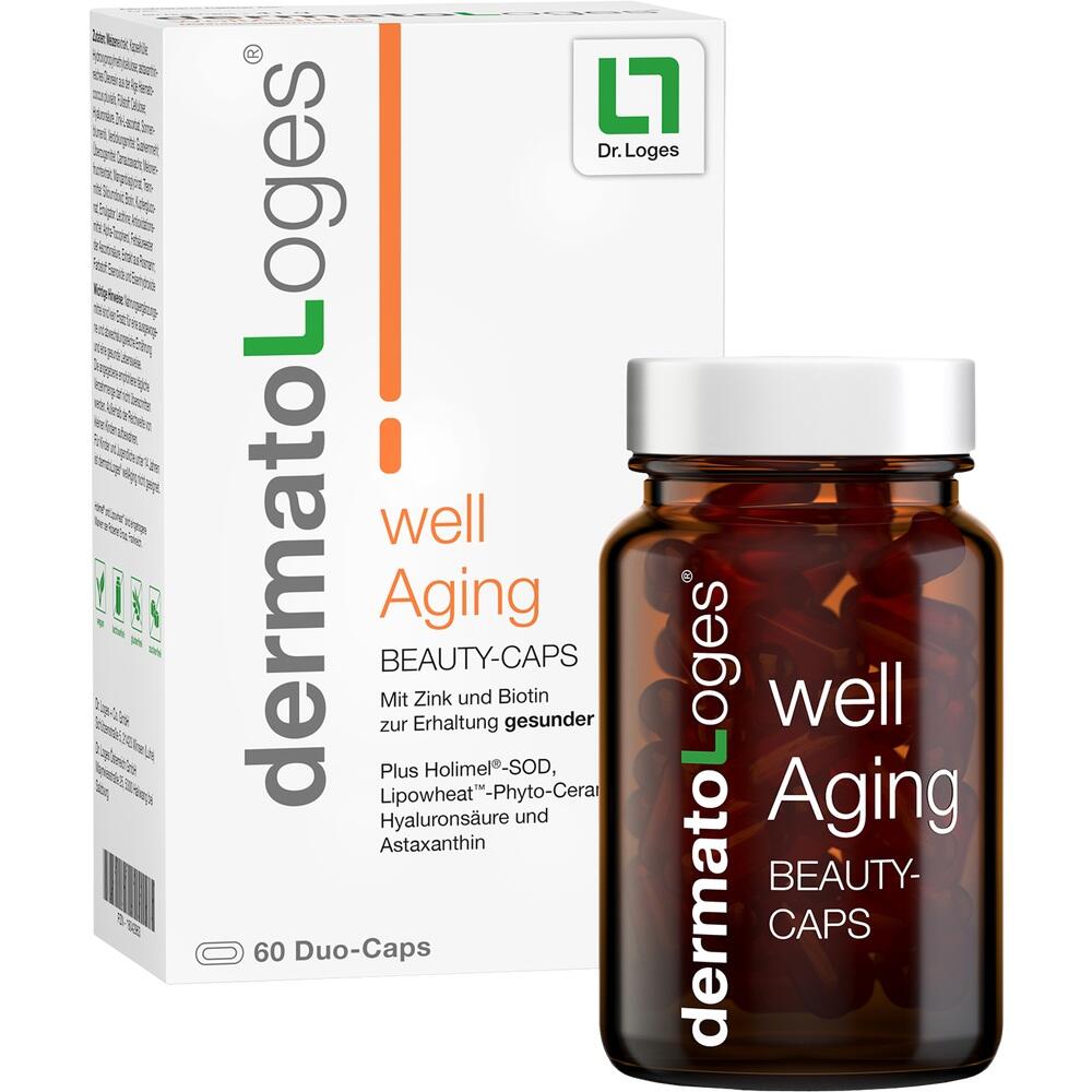 Eine Packung mit einem Glas voller "well Aging" Beauty-Kapseln von dermatologes.