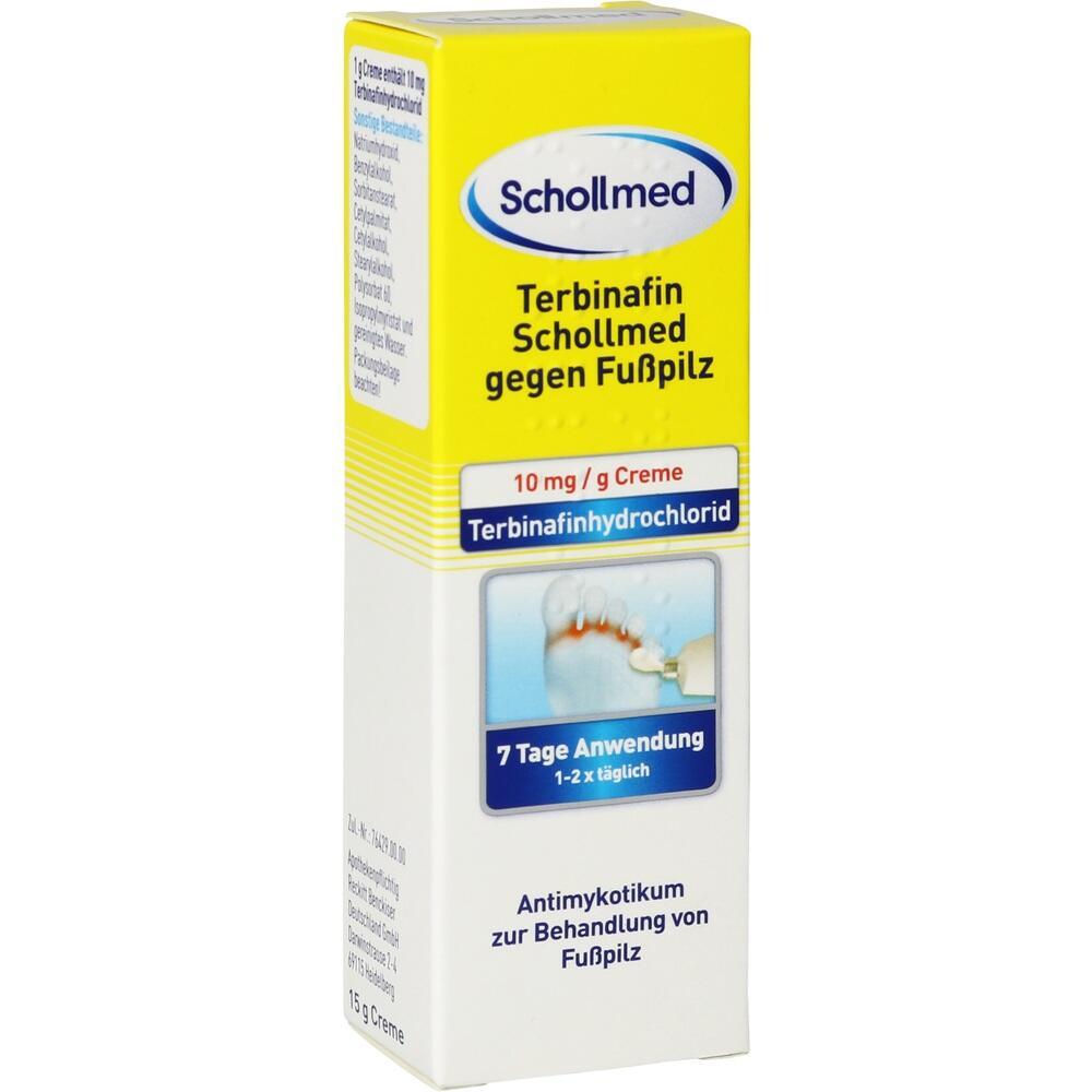 Gelbe Schachtel mit Creme gegen Fußpilz, markiert als Schollmed Antimykotikum.