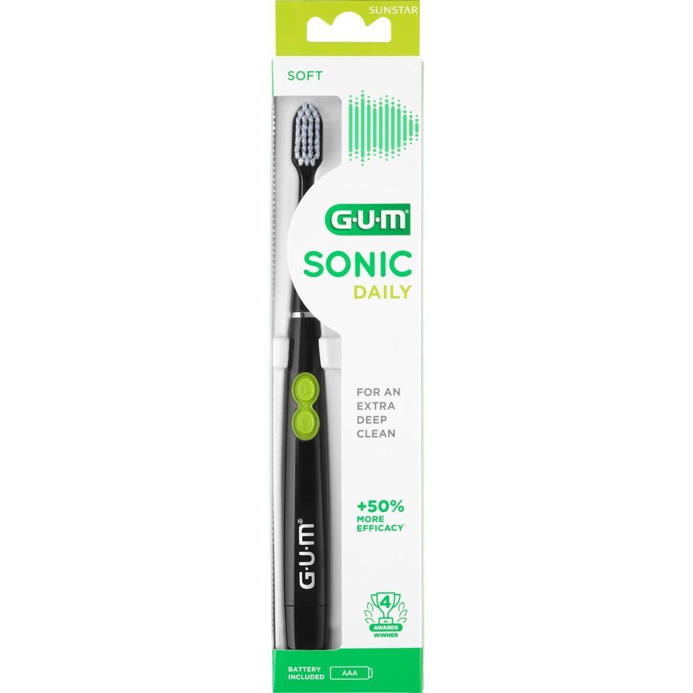 Schwarze elektrische Zahnb&uuml;rste in Verpackung mit der Aufschrift "GUM Sonic Daily".