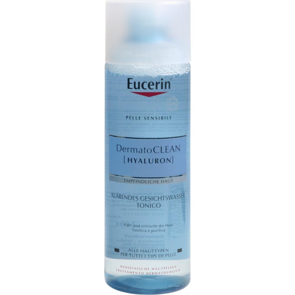 Eine Flasche Gesichtswasser der Marke Eucerin mit Hyaluron für empfindliche Haut.