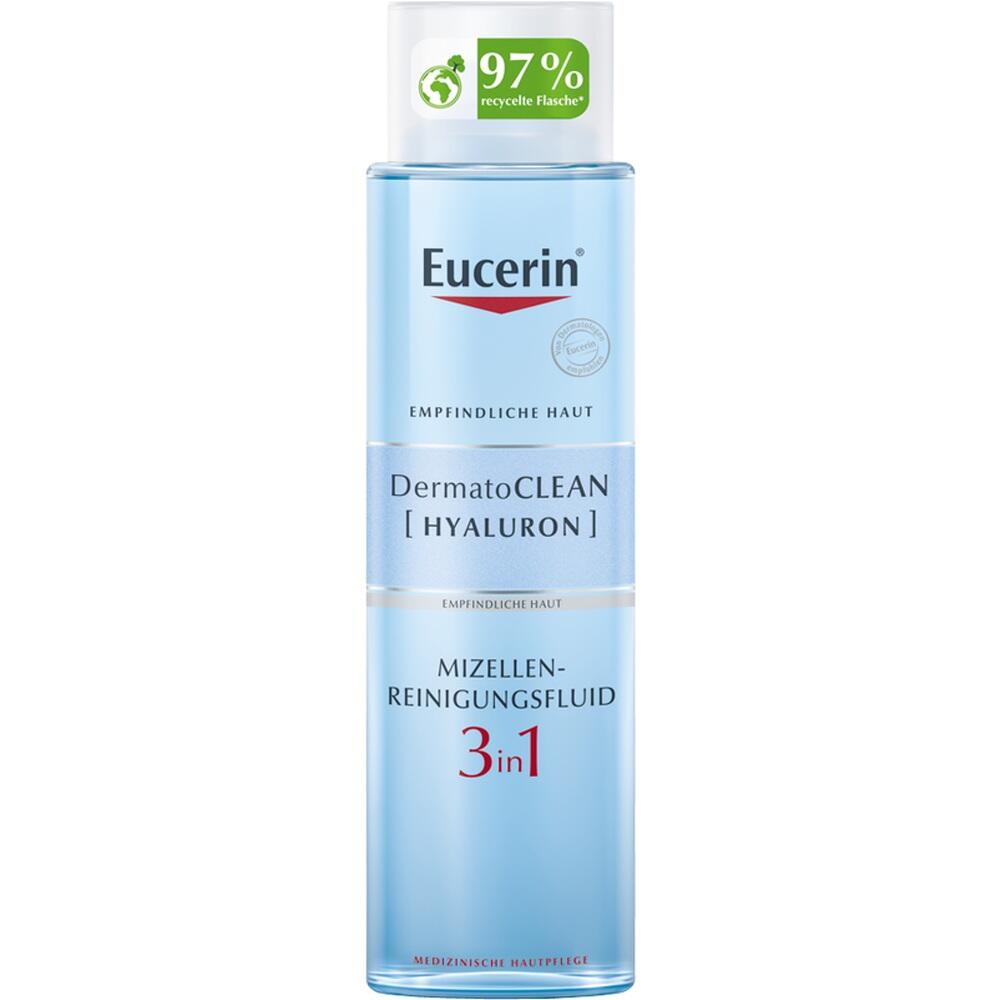 Blaue Flasche eines 3-in-1 Mizellen-Reinigungsfluids für empfindliche Haut.