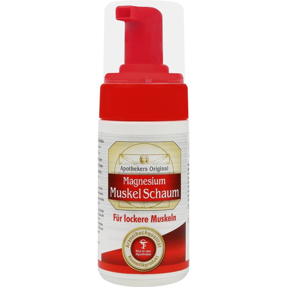 Eine Flasche mit rotem Deckel enthält Magnesium Muskel-Schaum.