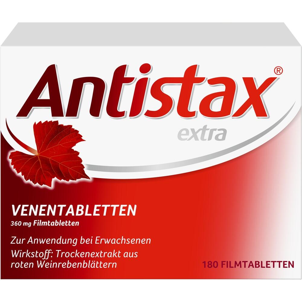 Die Verpackung von Antistax extra zeigt rote Weinblätter und Infos zu Venentabletten.